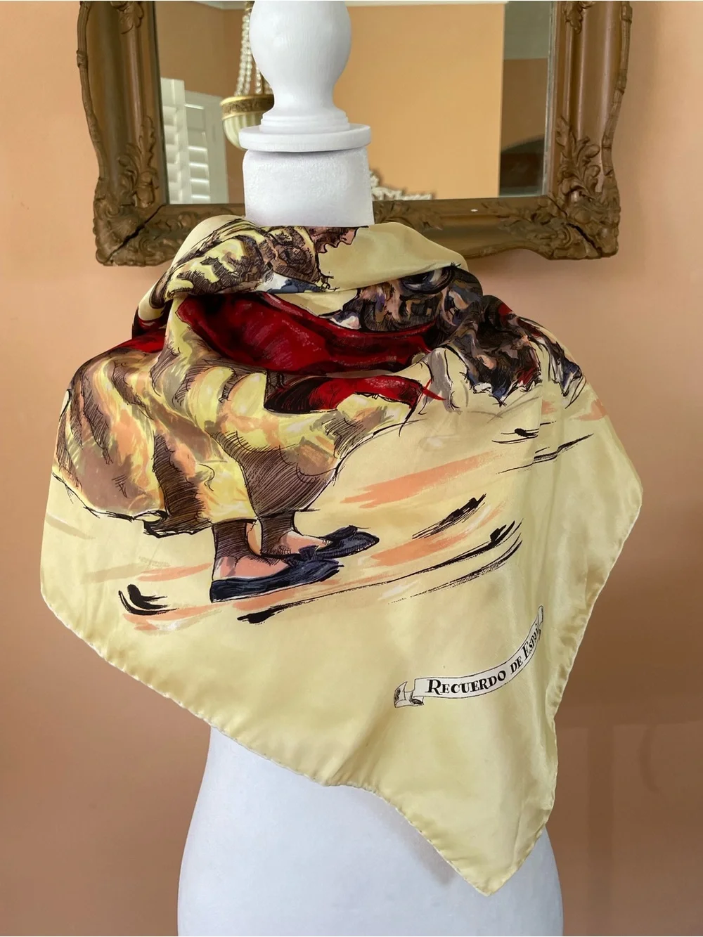 Rare Vintage Cream Silk Scarf with Bullfighting Matador Illustration 25”x 26”